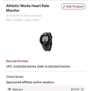 Athletic Works Heart Rate Monitor Wristwatch Black Plastic Clock Feature